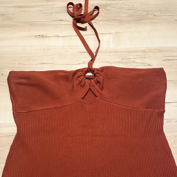 Almost Famous Women 2X Dress Midi Neck Tie Ribbed Burnt Orange - Picture 3 of 10